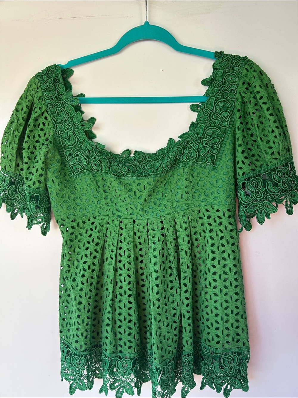 Moda International Emerald Green Eyelet Lace Peplum Top